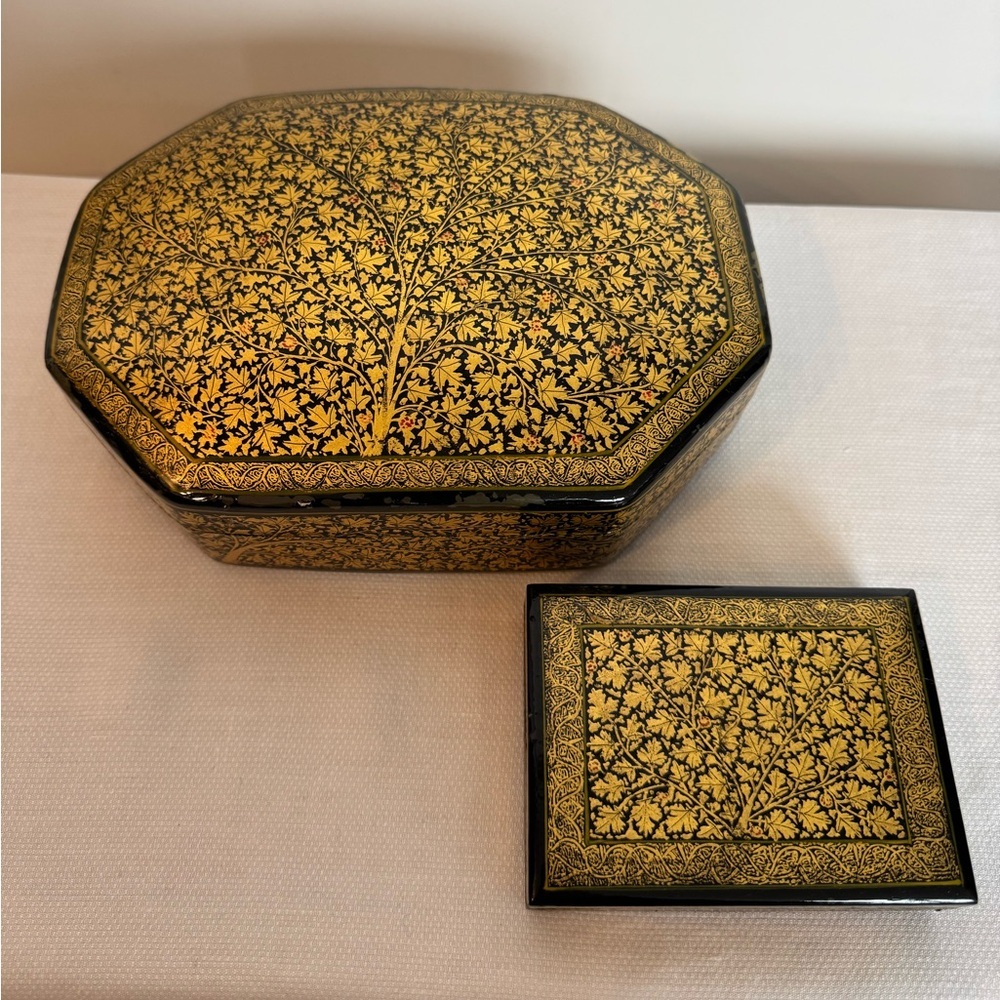 Papier-mâché decorative boxes with hand-painted floral motifs from Kashmir